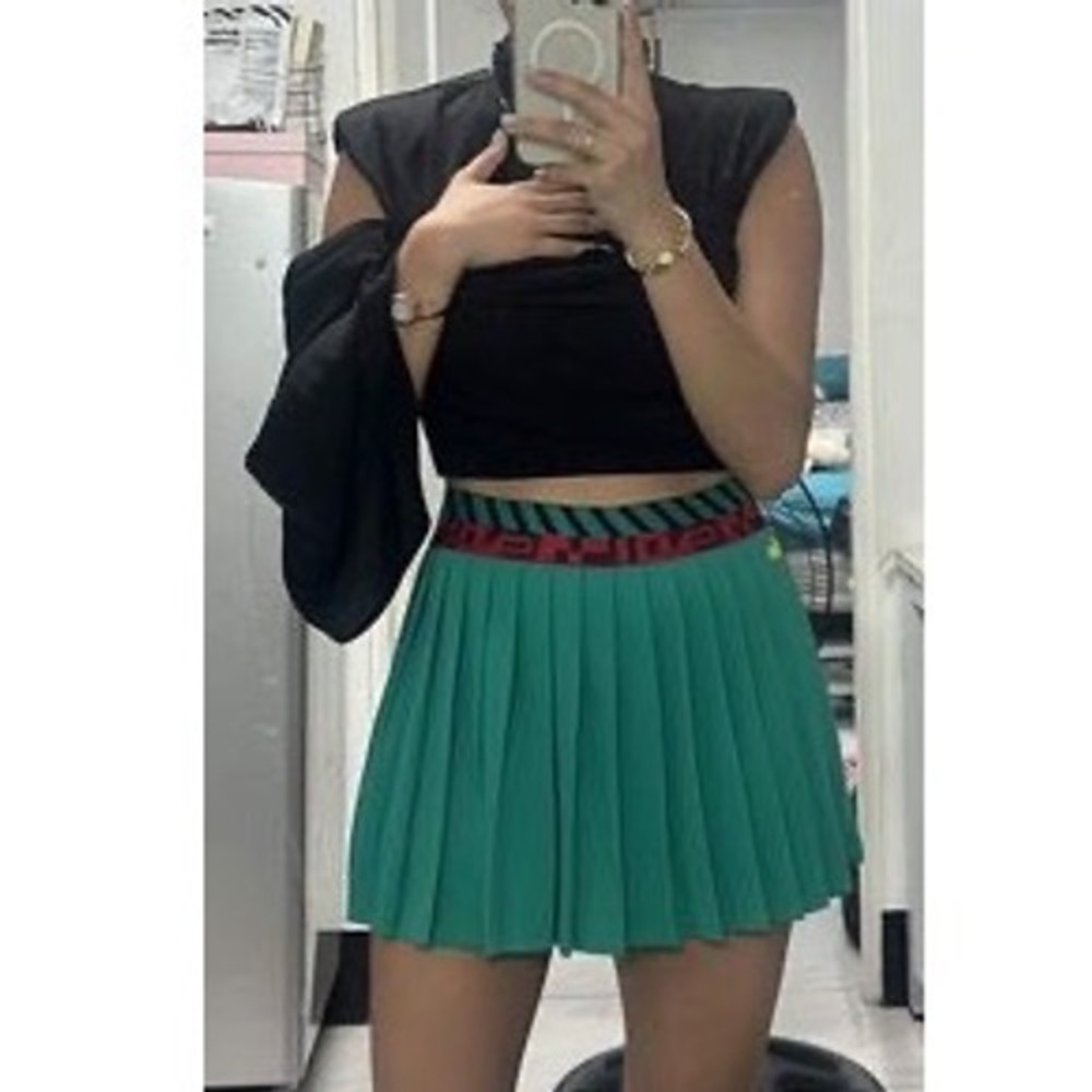 Lacoste Sport Tennis Skirt Women L Green Excellent Pleated Logo Waistband Skort